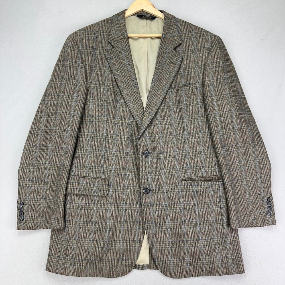 Jos‎ A Banks Blazer Jacket Wool/Cashmere Mens 43L Grey Plaid 2-Button Sport Coat